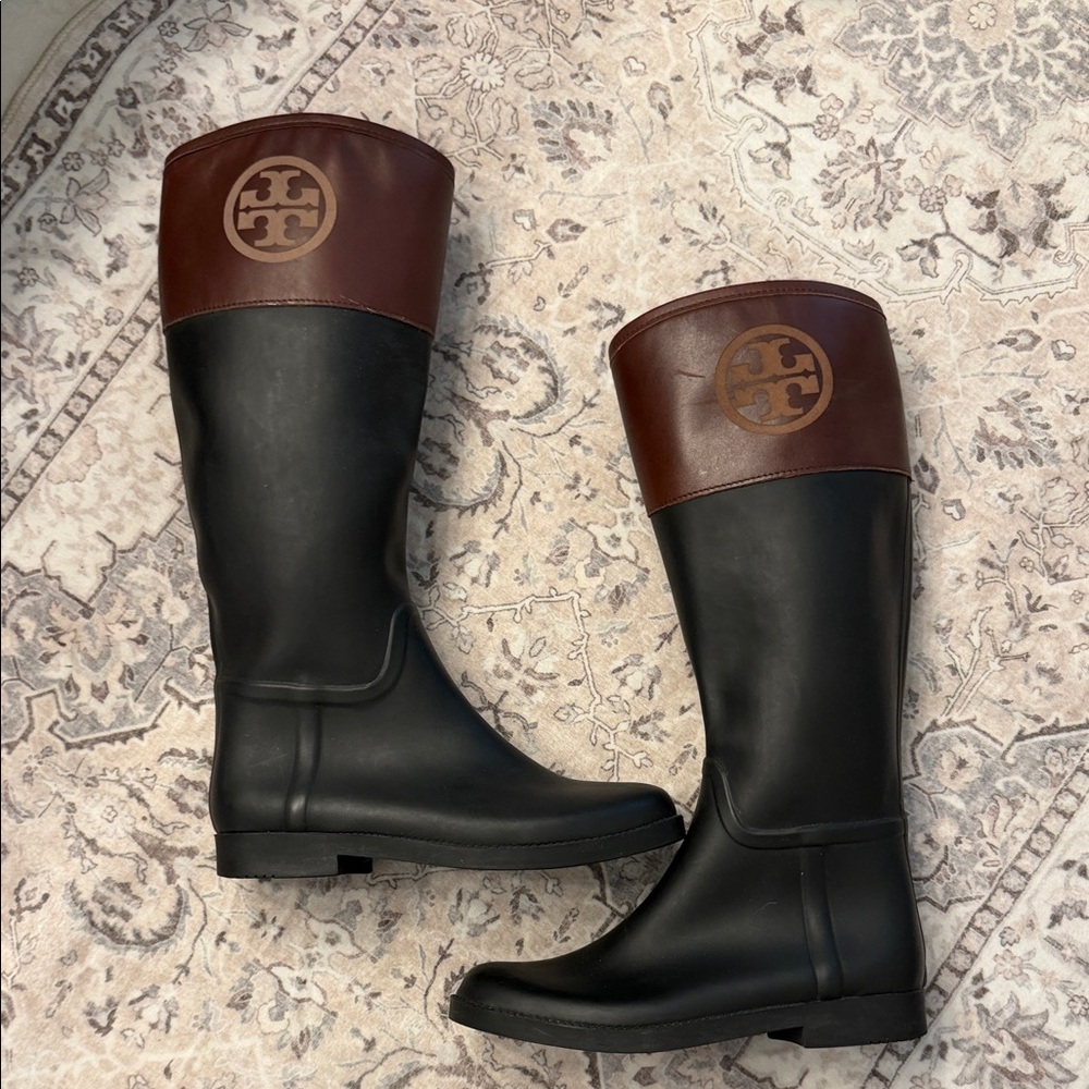 Tory Burch Black Rubber Tall Rain Boots with Brown Leather Trim